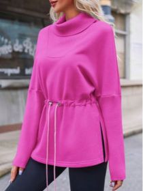 Fisoew Women's Turtleneck Sweatshirts Fleece Drawstring Waist Casual Long Sleeve Pullover Sweater Side Slit Tunic Tops (Option: Pink-XXL)