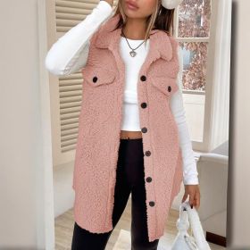 Women's Wool-Like Sleeveless Vest With Lapel, Solid Color Mid-Length Button Up Waistcoat For Layering, Casual & Formal Outfits (Option: Pink-S)