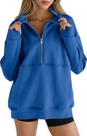 Women's Half Zip Sweatshirts Fleece Stand Collar Long Sleeve Thumb Hole Oversized Pullovers With Pockets (Option: Blue-XXL)