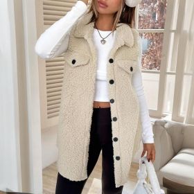 Women's Wool-Like Sleeveless Vest With Lapel, Solid Color Mid-Length Button Up Waistcoat For Layering, Casual & Formal Outfits (Option: Apricot-M)