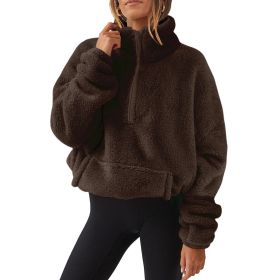 European And American Velvet Fleece-lined Women's Half Zipped Stand Collar Sweater (Option: Brown-S)