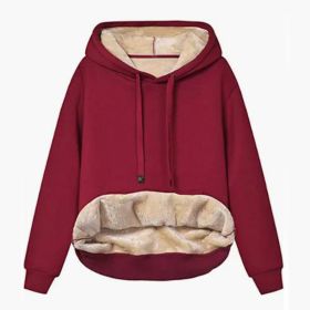 Autumn And Winter Warm Lamb Fleece Pocket Hooded Sports Sweatshirt Jacket For Women (Option: Burgundy-XXL)