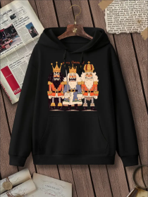 Women'S Fashion Christmas Nutcracker King And Knight Print Hoodies Long Sleeve Hood Sweatshirt Loose Fit Tops Fall Streetwear (Option: Black-M)