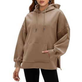 Fisoew Women's Hoodies Oversized Sweatshirts Casual Long Sleeve Side Slit Pullover Tops Fall Winter Outfits With Pocket (Option: Khaki-S)