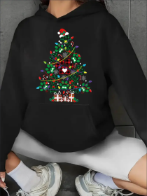 Women'S Christmas Tree Print Hoodie, Casual Sports Style With Kangaroo Pocket, All-Season Fashion Hooded Pullover Sweatshirt (Option: Black-S)
