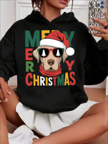 Women'S Casual Christmas Dog Graphic Hoodie,  Hooded Long Sleeve Sweatshirt,With Kangaroo Pocket, For All Seasons (Option: Black-2XL)