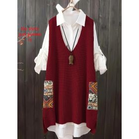 Women's Knitted Vest Loose V-neck (Option: Red-XL)