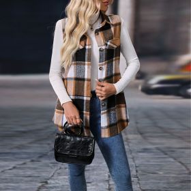 Women's Plaid Print Vest With Lapel Collar Long Sleeveless Button Front Mid-Length Jacket For Spring And Fall Layering (Option: Khaki-S)