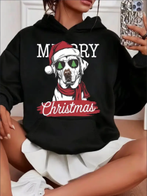 Women'S Casual Christmas Dog Print Hoodie With Kangaroo Pocket,Long Sleeve, Hooded Sweatshirt For All Seasons (Option: Black-S)