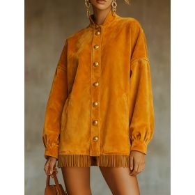 Velvet Fringed Hem Casual Stand-up Collar Button-down Loose Sweatshirt Dress (Option: Orange-S)