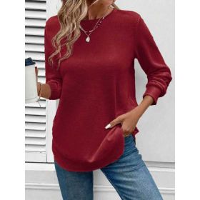 Women's Solid Color Round Neck Loose Stylish Sweatshirt (Option: Wine red-S)