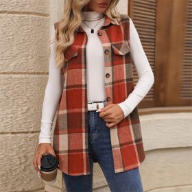 Women's Plaid Print Vest With Lapel Collar Long Sleeveless Button Front Mid-Length Jacket For Spring And Fall Layering (Option: Orange-XXL)