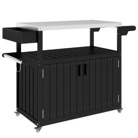Outdoor Bar Cart with Storage, Stainless Steel Outdoor Bar Table Top, Wheeled HDPE Kitchen Island for Food Prep, Black (Option: Black-960x640x320 mm)