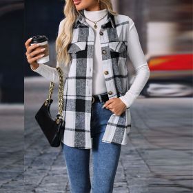 Women's Plaid Print Vest With Lapel Collar Long Sleeveless Button Front Mid-Length Jacket For Spring And Fall Layering (Option: Gray-XXL)