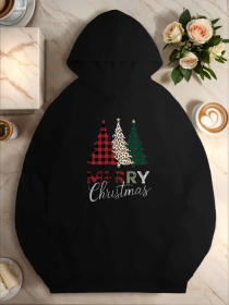 Plus Size Merry Christmas Tree Hoodie, Casual Style, Geometric Pattern, With Pocket Detail, For Women, Fall Winter Season Active Hooded Sweatshir (Option: Black-S)
