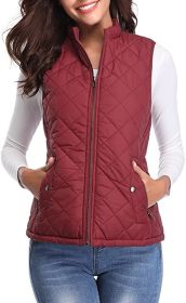 Women's Cotton Vest Stand Collar Zipper Pocket Warm (Option: Wine red-S)