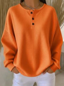 Round Neck Waffle Solid Color Pullover Loose Top (Option: Orange-S)