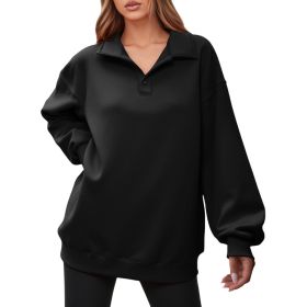 Fisoew Women Collared V Neck Sweatshirt Casual Oversized Long Sleeve Fashion Pullover Tops (Option: Black-L)