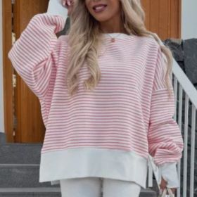 Women's Striped Sweatshirt Size Slit Long Sleeve Shirts For Women Crewneck Hoodies Casual Pullover Top (Option: Pink-S)