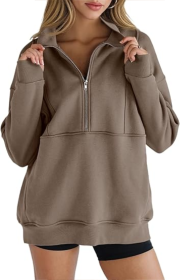 Women's Half Zip Sweatshirts Fleece Stand Collar Long Sleeve Thumb Hole Oversized Pullovers With Pockets (Option: Brown-XXL)
