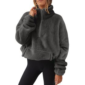 European And American Velvet Fleece-lined Women's Half Zipped Stand Collar Sweater (Option: Dark Gray-S)