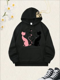 Women'S Christmas Cat Silhouette Print Hoodie, Casual Long Sleeve Pullover Hooded Collar, All-Season, Multi-Functional Hooded Sweatshirt With Poc (Option: Black-S)