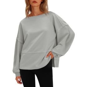 Fisoew Womens Casual Crewneck Sweatshirts Lantern Long Sleeve Side Slit Loose Sweatshirt Fall Crop Pullover Tops (Option: Grey-XL)