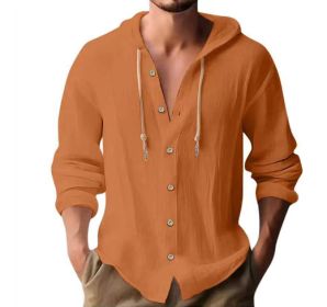 Cotton And Linen Shirt Hooded Sweater Button Long Sleeve (Option: Orange-L)