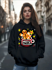 Women's Fashion Christmas Cute Cartoon Gingerbread Man Stars Coffee Mug Print Hoodies Long Sleeve Hood Sweatshirt Loose Fit Tops Fall Streetwear (Option: Black-M)