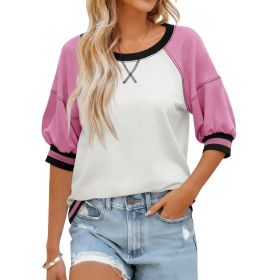 Fisoew Womens Crewneck Sweatshirt Ribbed Raglan Half Sleeve Pullover Tops Color Block Loose Fit Sweatshirts (Option: Pink-XXL)