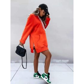 Women's Hooded Sweatshirt With Pockets Fashion Casual Split Mid-length Sweater Drawstring Tops (Option: Orange-S)