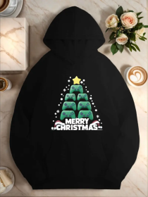 Plus Size Christmas Tree Video Game Graphics Hoodie, Casual Style, With Geometric Pattern, Fall Winter Hooded Sweatshirt With Pocket, For Women (Option: Black-S)