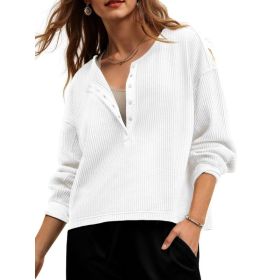Fisoew Womens Cropped Sweatshirt Casual Waffle Knit Button V Neck Long Sleeve Loose Fit Fall Crop Tops (Option: White-M)