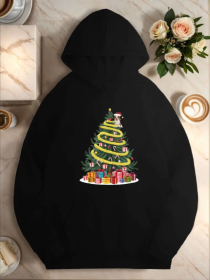 Plus Size Christmas Tree Active Hoodie For Women,  Casual Style, Geometric Pattern,With Pocket Detail, For Fall Winter Season Hooded Sweatshirt (Option: Black-S)