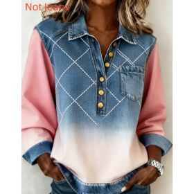 Denim Patchwork Collar Button-down Casual Long-sleeved Top (Option: Plaid blue-XXL)