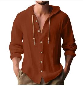 Cotton And Linen Shirt Hooded Sweater Button Long Sleeve (Option: Brick red-L)