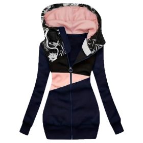 Plus Size Women's Color-Block Hooded Jacket, Full-Zip Long Sleeve Casual Blazer Coat For Winter Formal And Daily Wear (Option: Navy Blue-L)