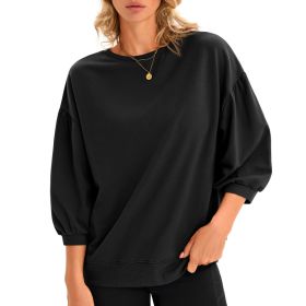 Fisoew Womens Puff Sleeve Sweatshirts Casual Crewneck Sleeve Loose Fit Fall Pullover Tops (Option: Black-XXL)