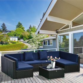 7 Piece Set Rattan Sofa Luxury Modular Conversation Outdoor Furniture - Deep Blue (Option: Navy Blue-10x10x10 mm)