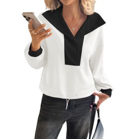 Fisoew Womens Cropped Oversized Sweatshirt Casual Lapel V Neck Long Sleeve Contrast Drawstring Loose Fit Fall Pullover Tops (Option: White-XL)