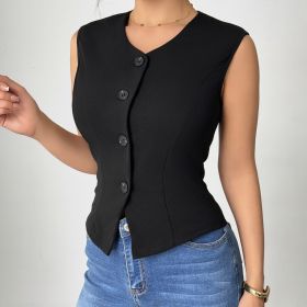 Ladies' Fashionable Temperament Sleeveless Front Button Simple Commuting Fashion Versatile Coat Vest (Option: Black-M)