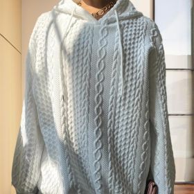 Women's Solid Color Ribbed Design Long Sleeve Hoodie - Loose Fit Drawstring Pullover For Fall & Winter Casual Wear (Option: White-M)