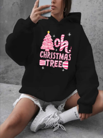 Women'S Plus Size Casual Hooded Sweatshirt With Christmas Tree Print, Oversized Pullover With Pockets, Alphabet Pattern For Fall Winter (Option: Black-2XL)