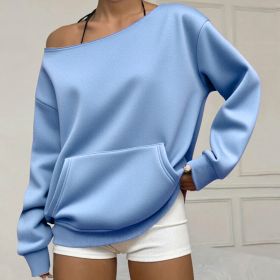 Fashionable Pullover Crew-Neck Off-Shoulder Sweatshirt For Women (Option: Light Blue-M)