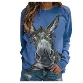 Loose Round Neck Donkey Head Floral Print Long Sleeve Pullover (Option: Blue-M)
