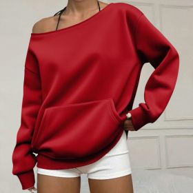 Fashionable Pullover Crew-Neck Off-Shoulder Sweatshirt For Women (Option: Red-M)