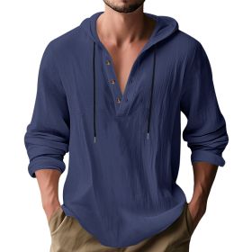 New Wish Cotton Linen Shirt Hooded Sweater Long Sleeve Hooded Casual Daily Clothing (Option: Navy blue-XXL)