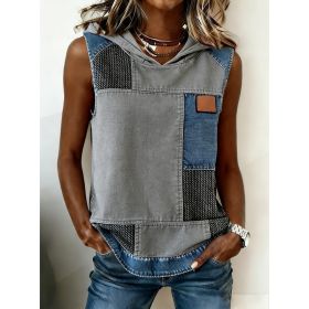 Casual Hooded Sleeveless Patchwork Denim-trimmed Loose-fitting Vest Sweatshirt For Women (Option: Blue gray-S)