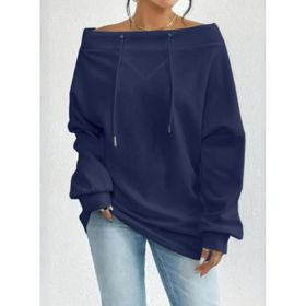 Women's Loose Casual Drawstring Off-the-shoulder Off-shoulder Top (Option: Navy Blue-5XL)