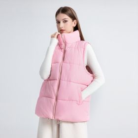 Women's Sleeveless Mid-length Stand-up Collar Thermal Down Cotton Thickened Vest (Option: Pink-L)
